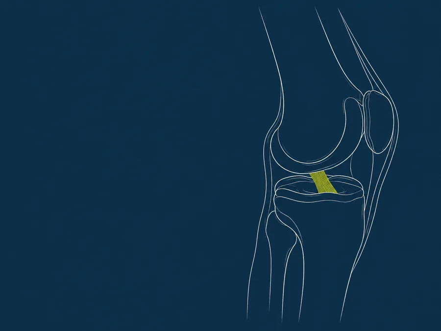 Line illustration of a knee with the cruciate ligament highlighted